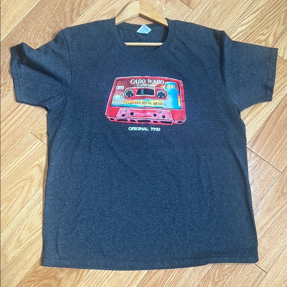 Cabo Cassette tape tee shirt Gray and Red Short Sleeve Tee with Graphic Design